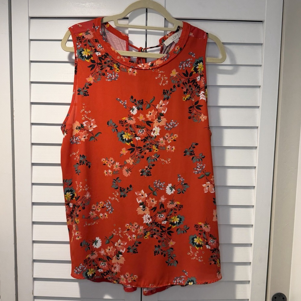 LOFT Floral Tank Top XL Orange Sleeveless Tie Back Mixed Media